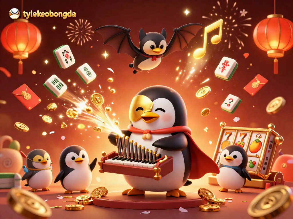Engage with tylekeobongda's thrilling casino adventure featuring penguins, coins, and vibrant symbols.