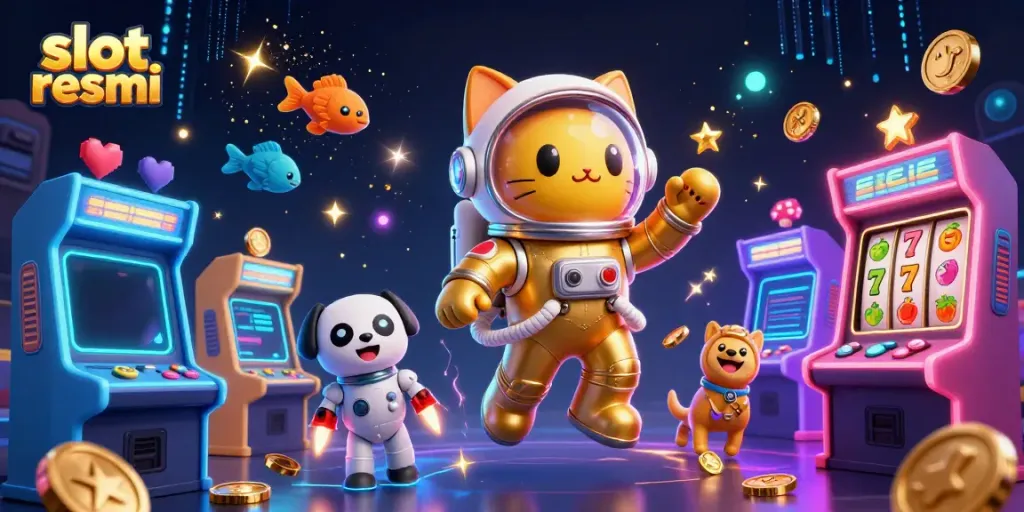 Engage with slot resmi in a vibrant 3D digital art with a floating astronaut cat, robot dog, and cosmic elements.