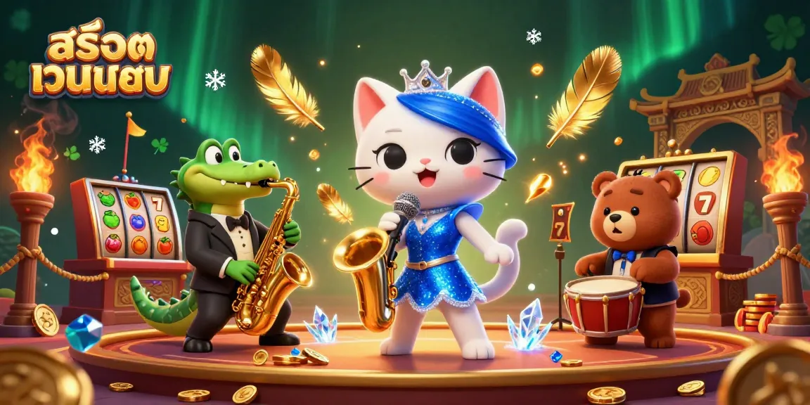 Experience สล็อตเว็บตรง action with a vibrant casino scene featuring a singing cat and jazz band.