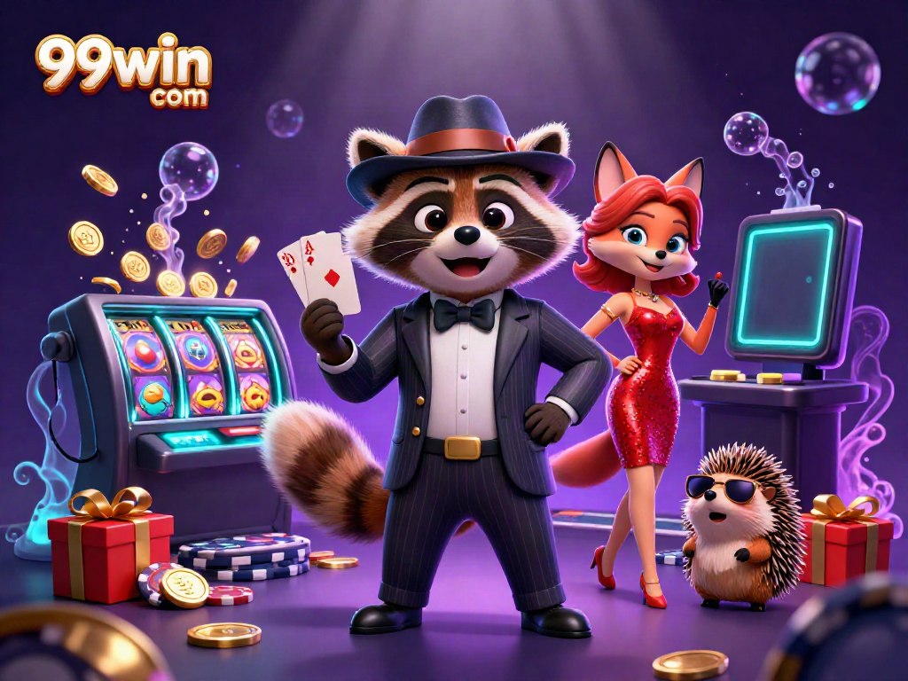 Experience excitement with 99win com casino action, featuring a raccoon in a suit holding a royal flush.