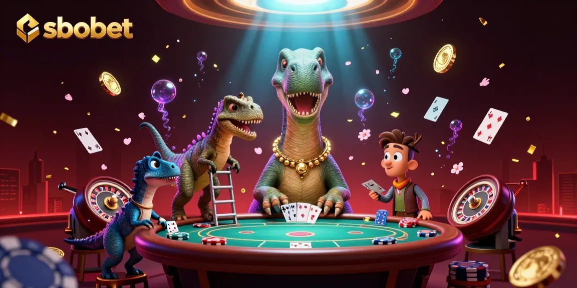 Experience sbobet's thrilling poker scene with a towering brontosaurus dealer amidst floating chips and cards.