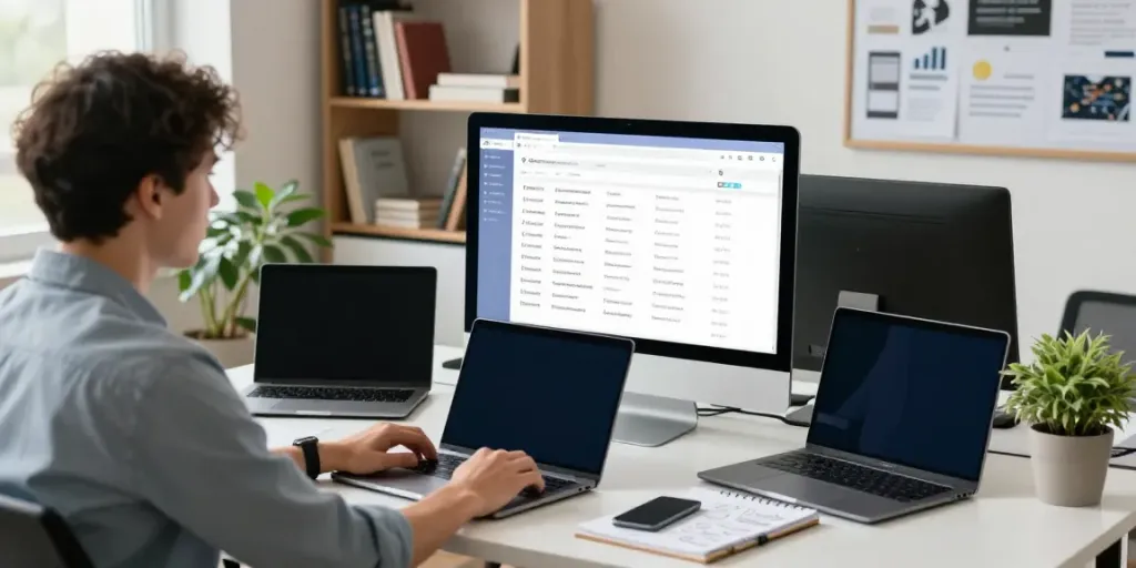 Engaging domain name search UK scene with a professional reviewing options in a bright office.