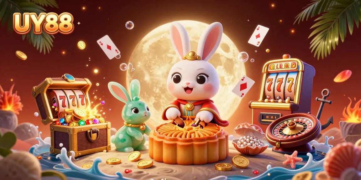 Experience UY88's enchanting moon rabbits and thrilling slot games come alive in a vibrant 3D scene.