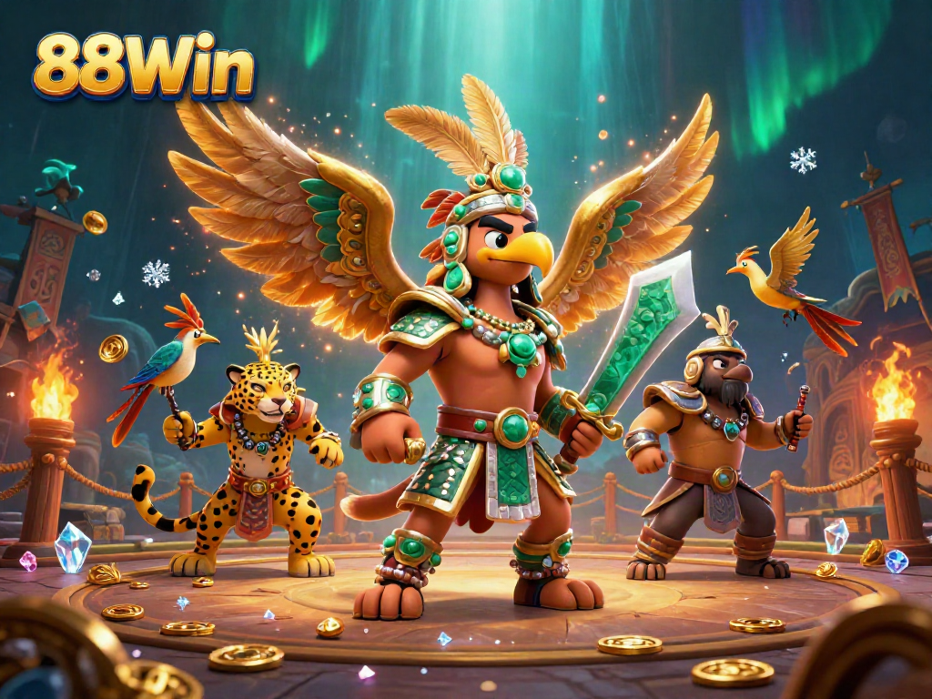 Engage in thrilling gameplay at 88Win's vibrant casino arena featuring warriors and golden tokens.