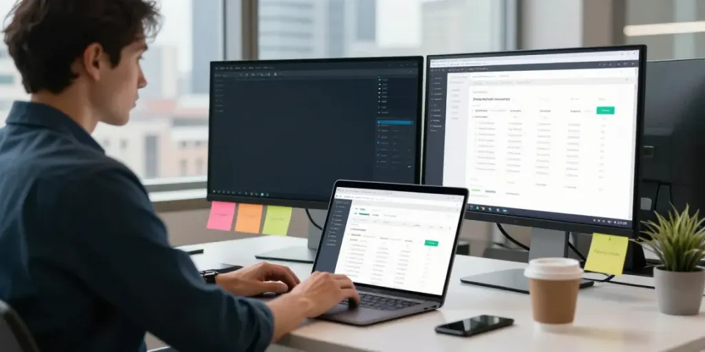 Content manager optimizing website for instant indexing in a modern office.