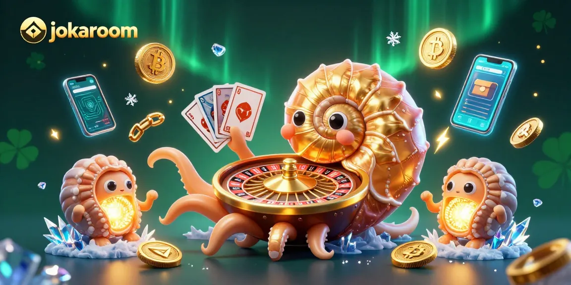 Experience thrilling excitement with jokaroom's 3D casino scene illuminated by glowing ancient nautilus and cryptocurrencies.