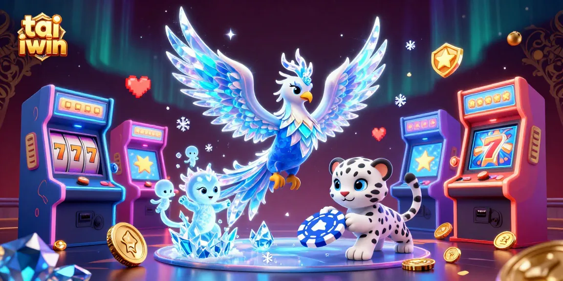 Spin on slot reels with tai iwin's vibrant ice phoenix and cub, glowing ice sprites adding magic.