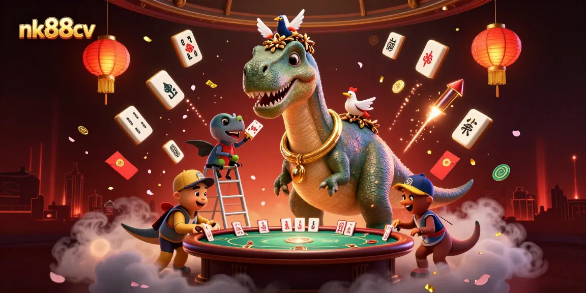 Experience the excitement of nk88cv with a whimsical illustration featuring a brontosaurus and raptor in a vibrant casino scene.