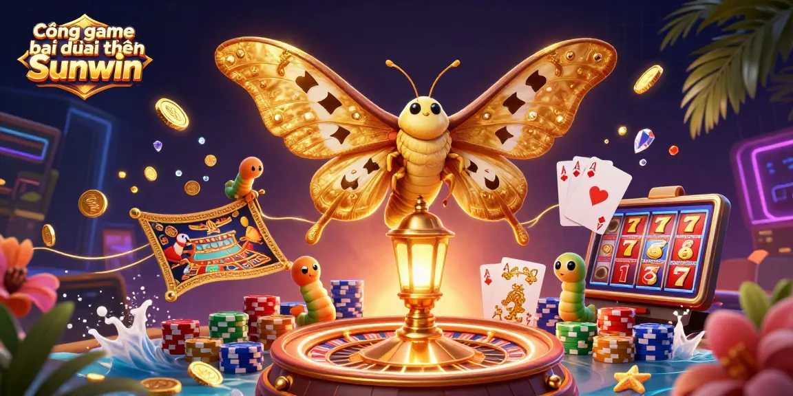 Cổng game bài đổi thưởng Sunwin offers vibrant casino-themed illustration showcasing a majestic atlas moth and iconic game elements.