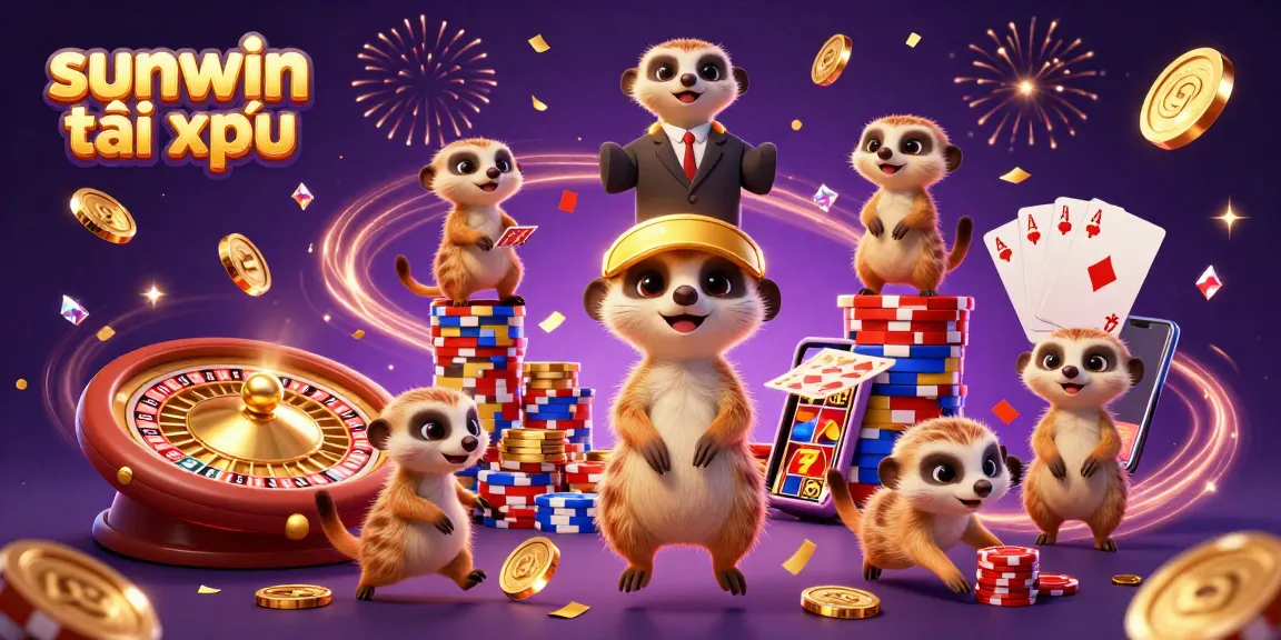 Experience sunwin tài xỉu excitement as meerkats operate a lively casino, surrounded by vibrant elements.