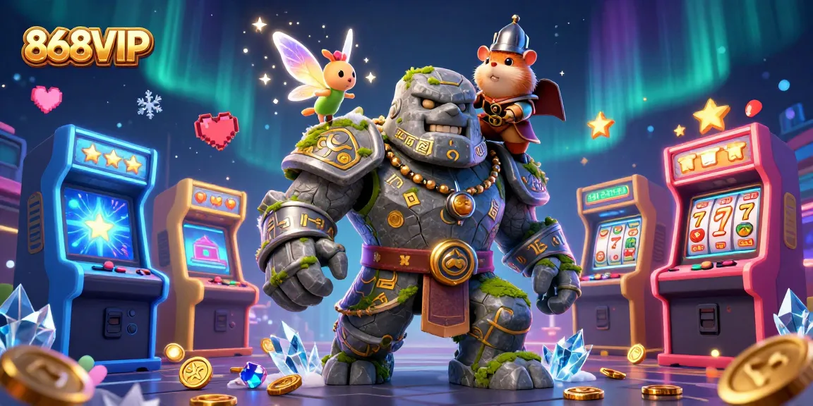 Experience the thrilling world of 868VIP with a vibrant 3D casino illustration featuring characters and slots.
