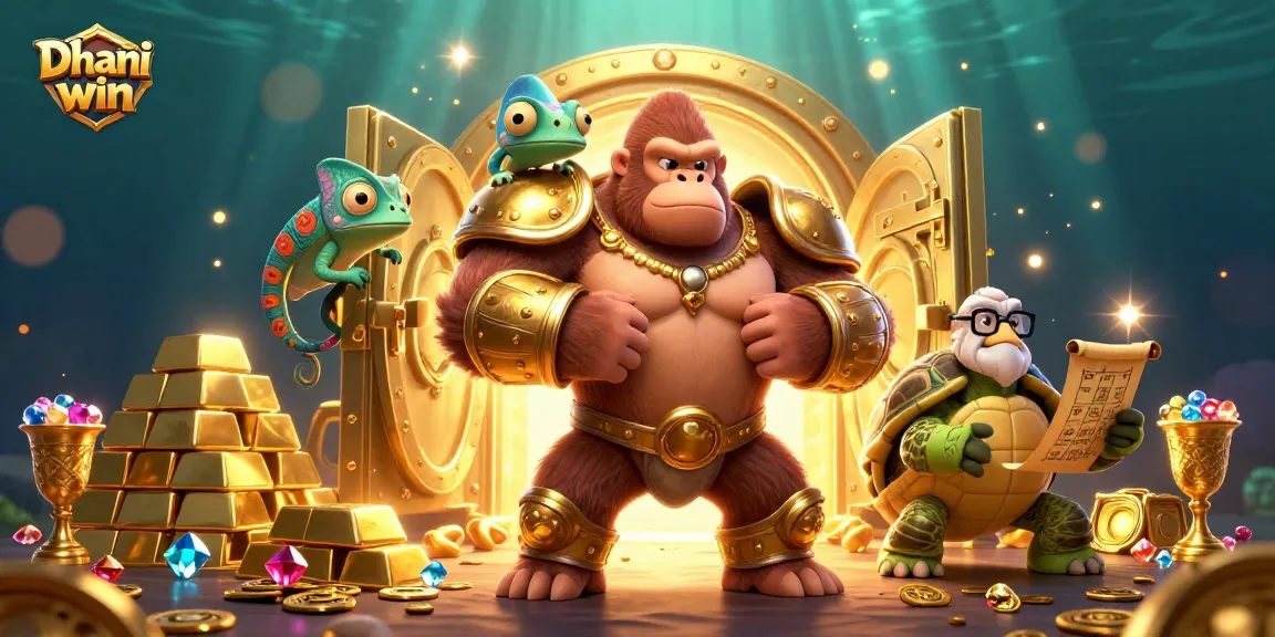 Dhani win exciting characters and gold treasures celebrating thrilling gambling wins.