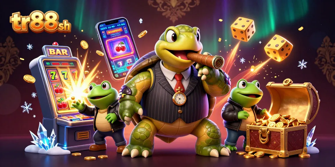 Experience thrilling gaming at tr88 sh with a cartoon turtle and frog enforcers surrounded by casino action.