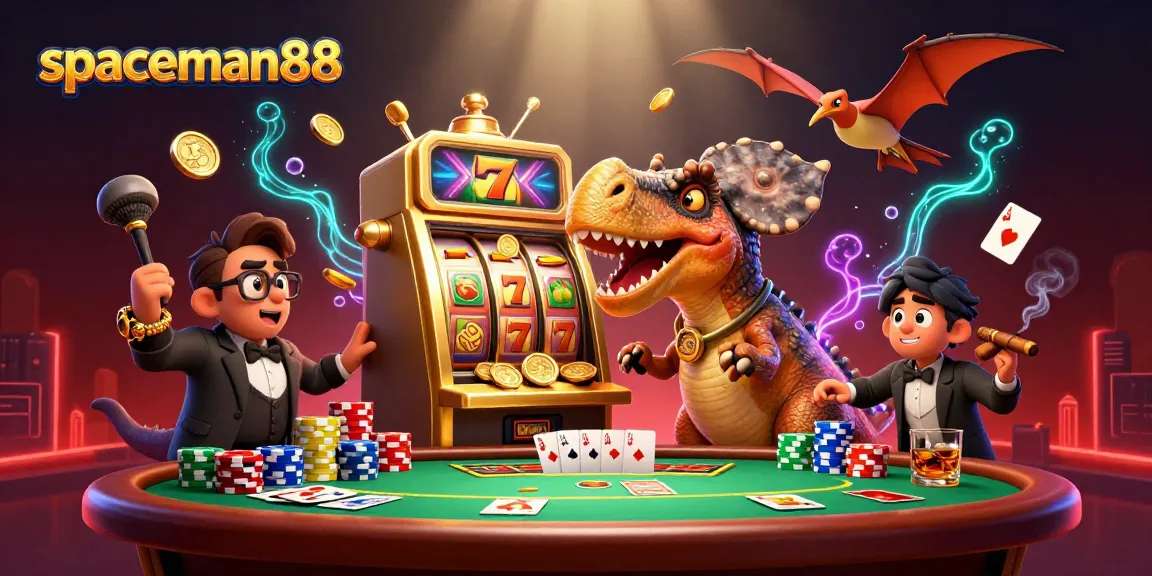 spaceman88 slot machine pays out coins amid a colorful casino scene with dinosaur characters.