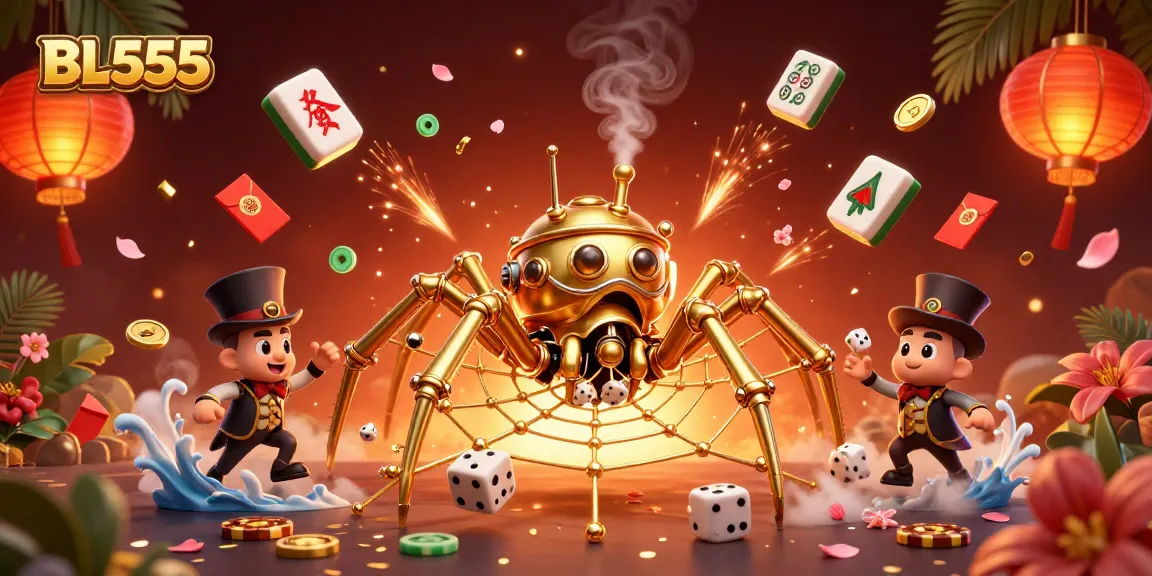 Experience BL555 with a vibrant illustration of a steampunk spider weaving a golden web in a lively casino scene.