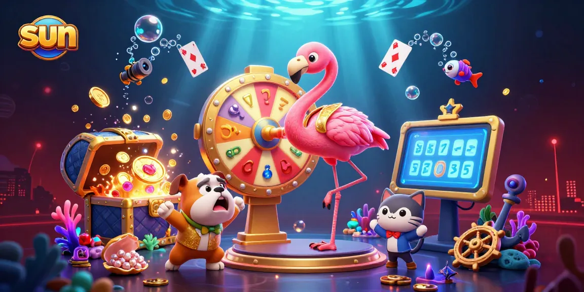 Spin the prize wheel and win with sun at this vibrant casino illustration featuring dynamic characters.