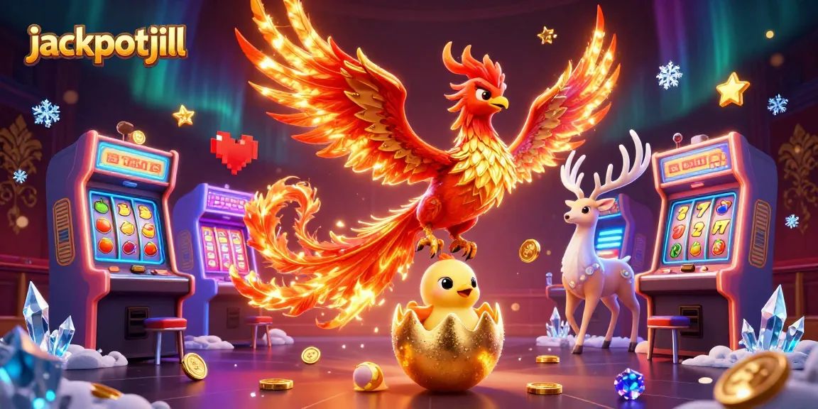 Engage with jackpotjill's thrilling 3D casino scene featuring a fire phoenix, arcade games, and glowing elements.