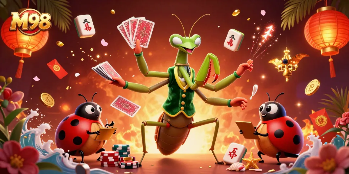 Experience the M98 casino atmosphere with a dynamic scene featuring a giant praying mantis card sharp and enchanting elements of luck.